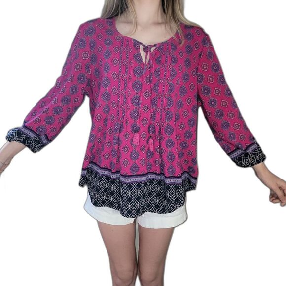 Ruby Rd. Tops - Ruby Rd Womens Size L Large Fuschia Black Mandala Top Tassels V Neck